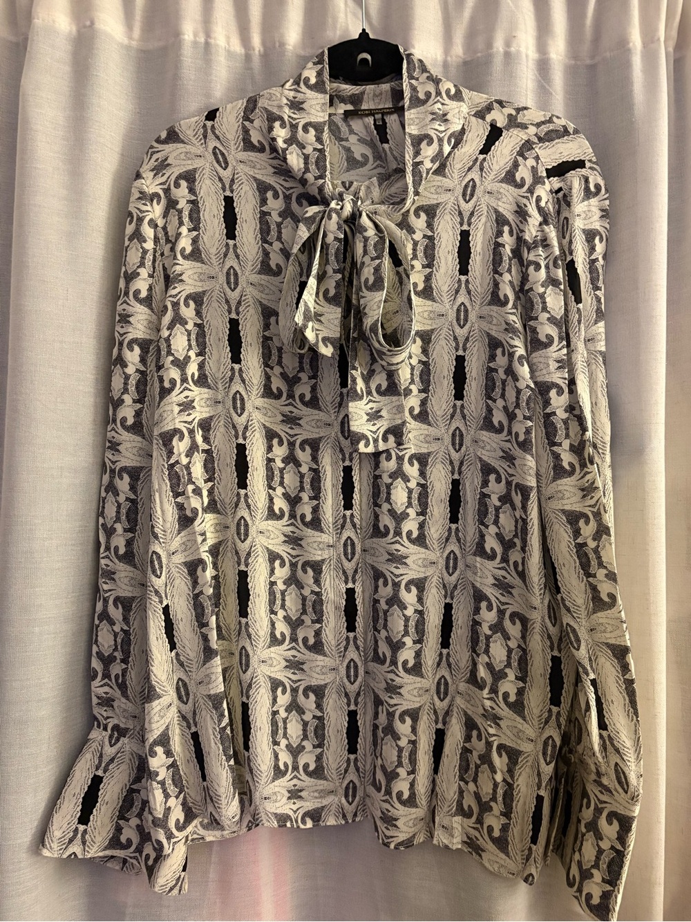 KOBI HALPERIN Black and White Patterned Tie-Neck Blouse